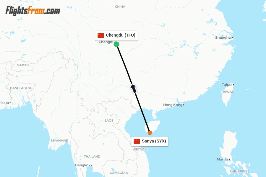 Flights from Sanya to Chengdu route map