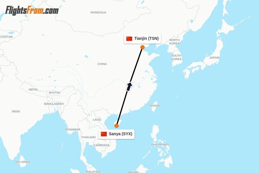 Flights from Sanya to Tianjin route map