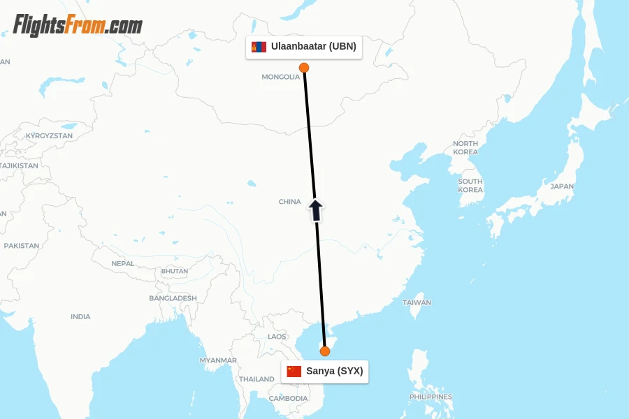 Flights from Sanya to Ulaanbaatar route map