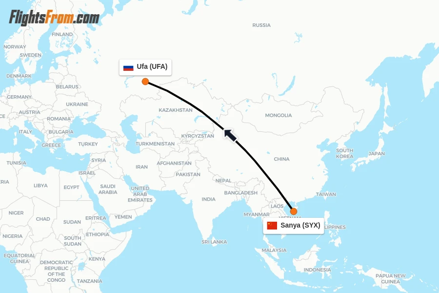 Flights from Sanya to Ufa route map