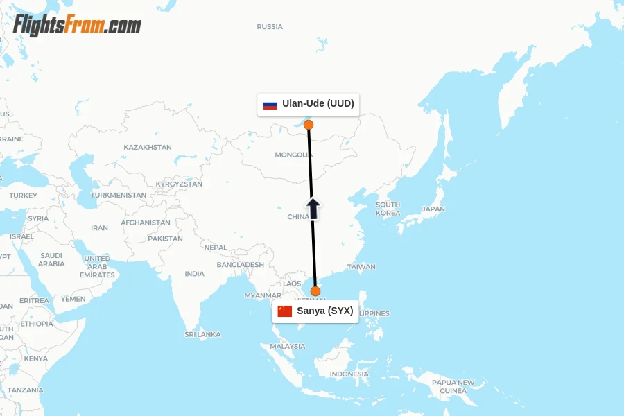 Flights from Sanya to Ulan-Ude route map