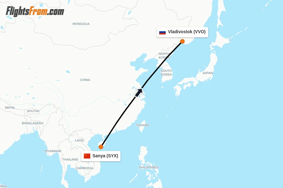Flights from Sanya to Vladivostok route map