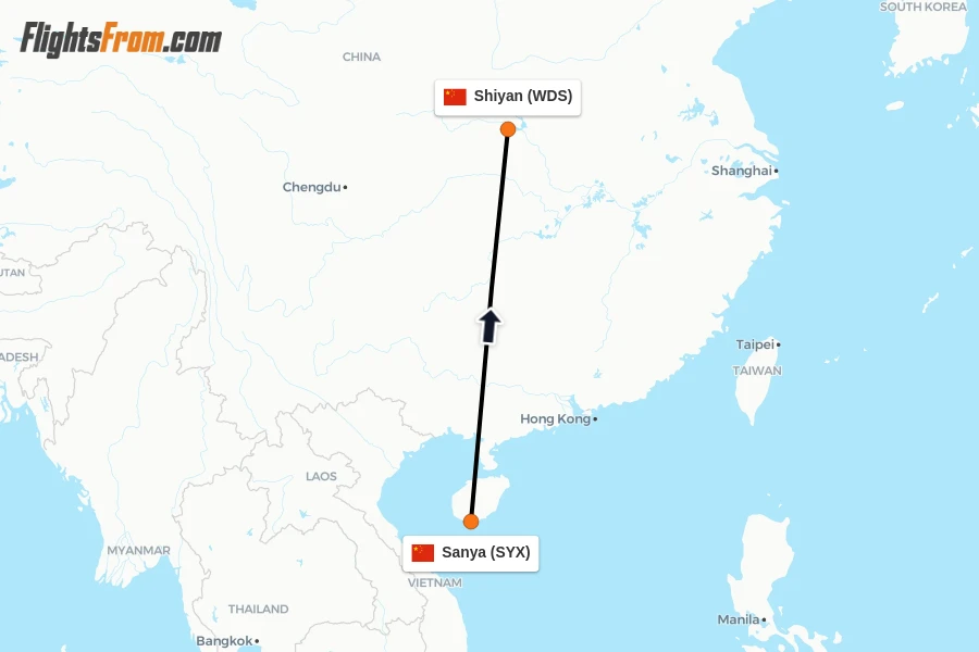 Flights from Sanya to Shiyan route map