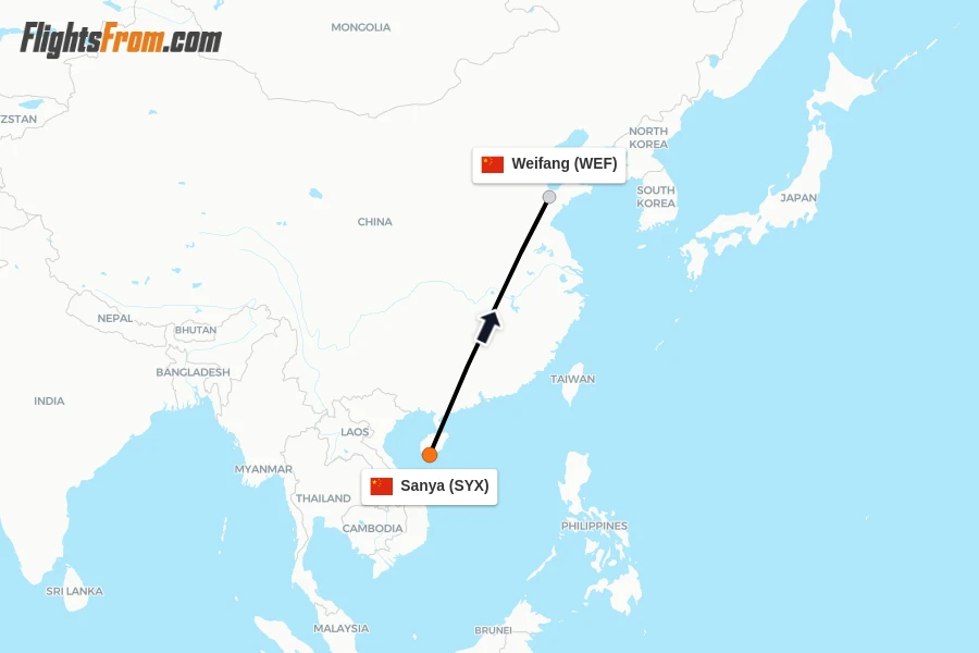 Flights from Sanya to Weifang route map
