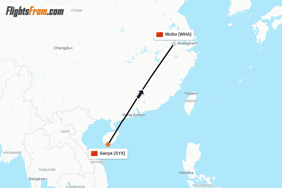 Flights from Sanya to Wuhu route map