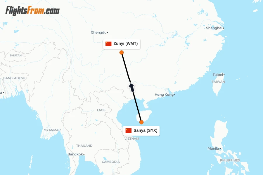 Flights from Sanya to Zunyi route map