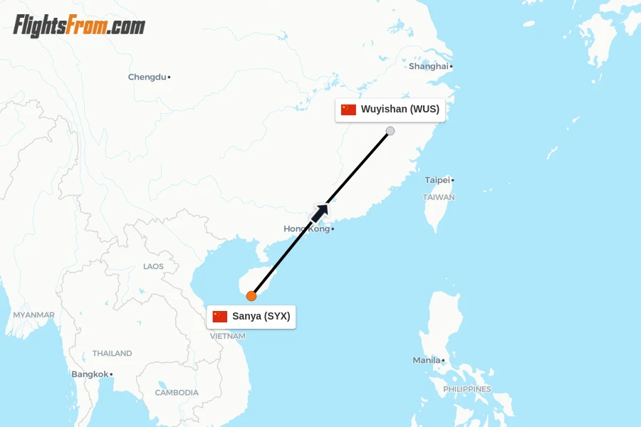 Flights from Sanya to Wuyishan route map
