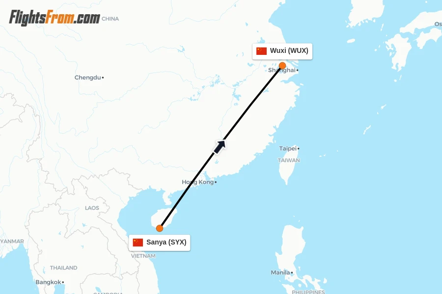 Flights from Sanya to Wuxi route map