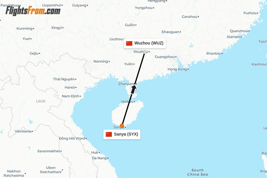 Flights from Sanya to Wuzhou route map