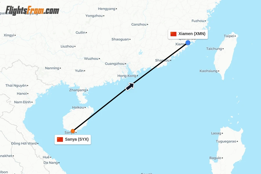 Flights from Sanya to Xiamen route map