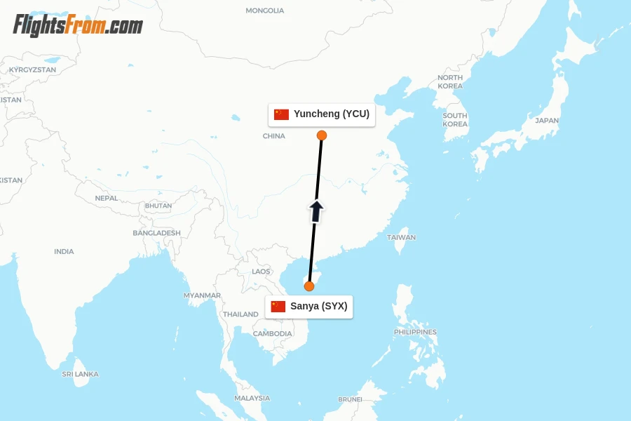 Flights from Sanya to Yuncheng route map