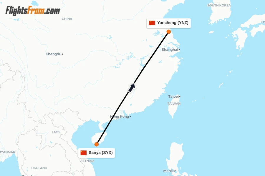 Flights from Sanya to Yancheng route map
