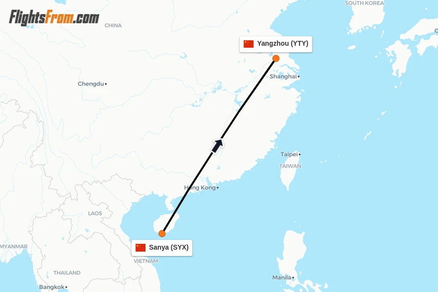 Flights from Sanya to Yangzhou route map