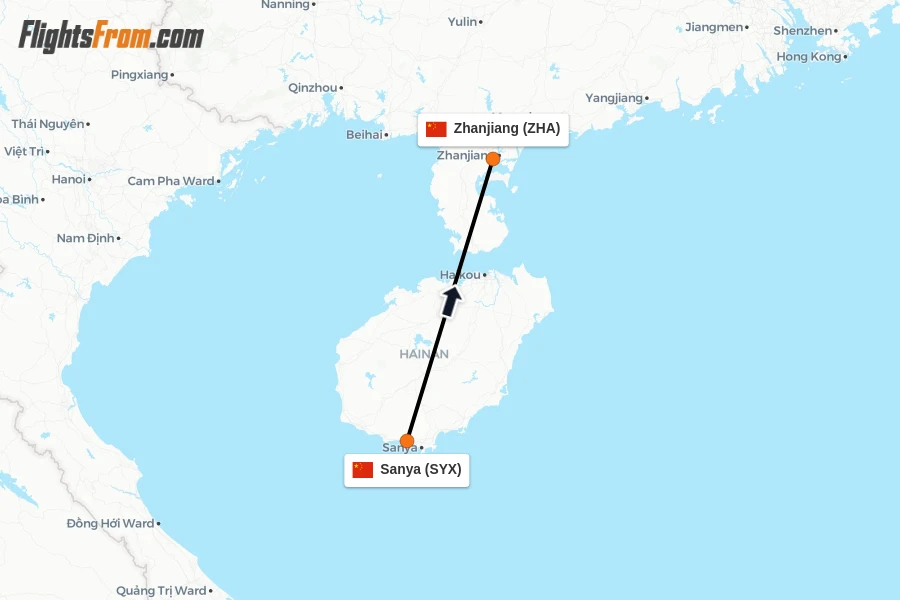 Flights from Sanya to Zhanjiang route map