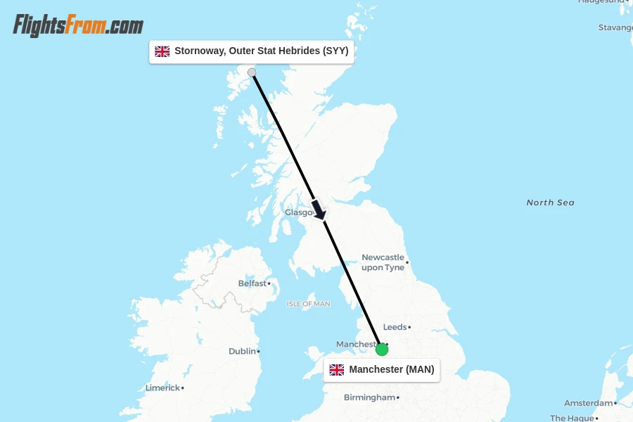 Flights from Stornoway, Outer Stat Hebrides to Manchester route map