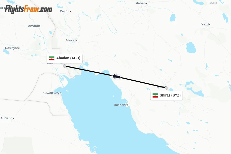 Flights from Shiraz to Abadan route map
