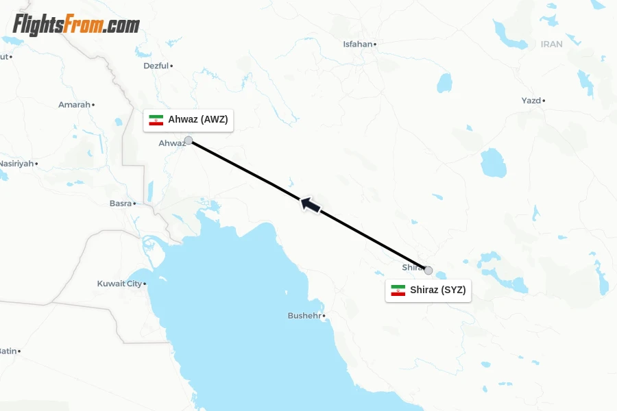 Flights from Shiraz to Ahwaz route map