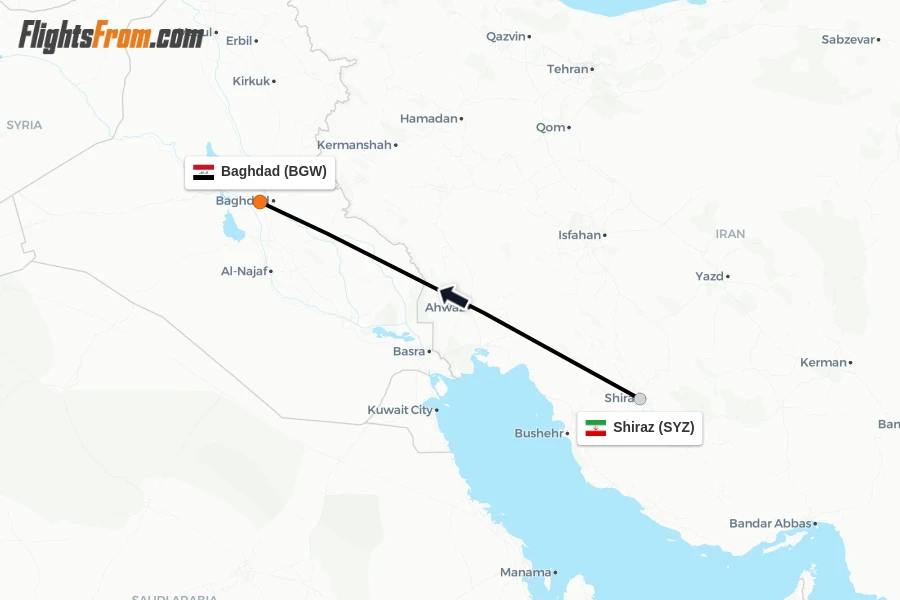Flights from Shiraz to Baghdad route map