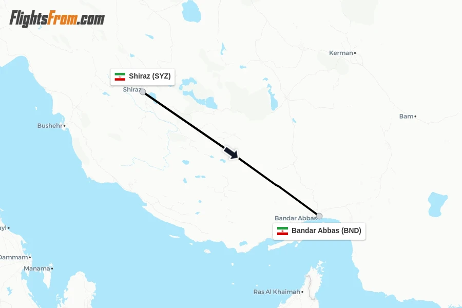 Flights from Shiraz to Bandar Abbas route map