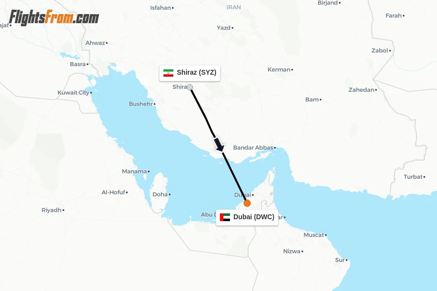Flights from Shiraz to Dubai route map