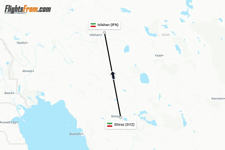 Flights from Shiraz to Isfahan route map