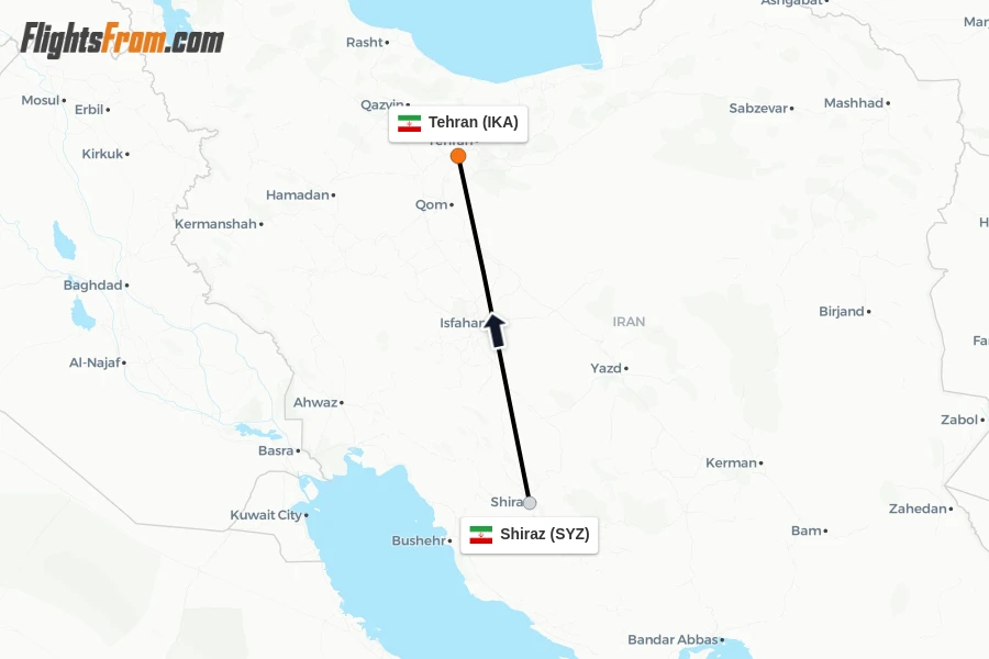 Flights from Shiraz to Tehran route map