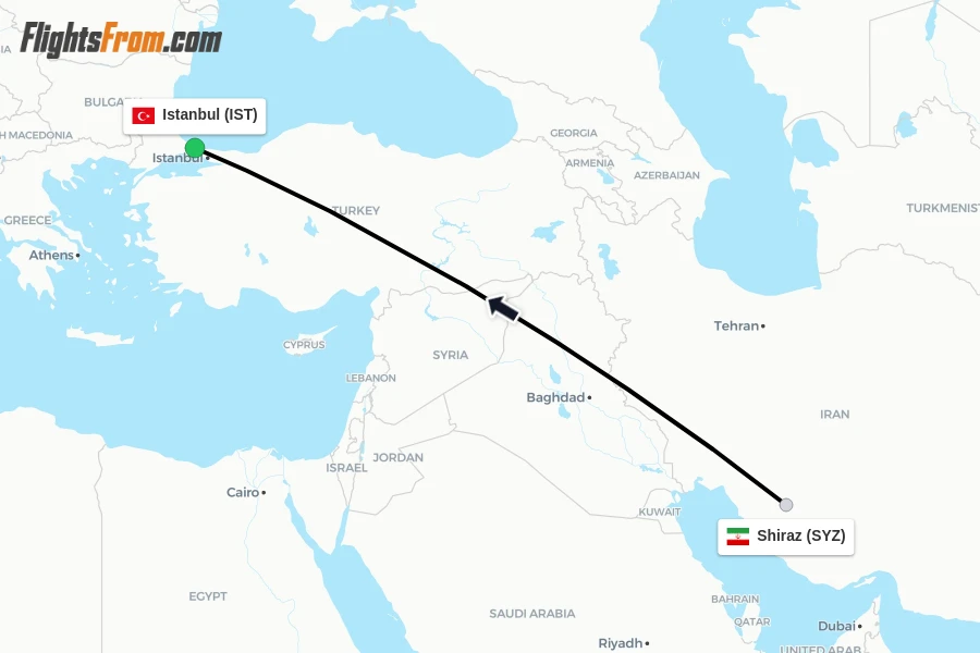 Flights from Shiraz to Istanbul route map