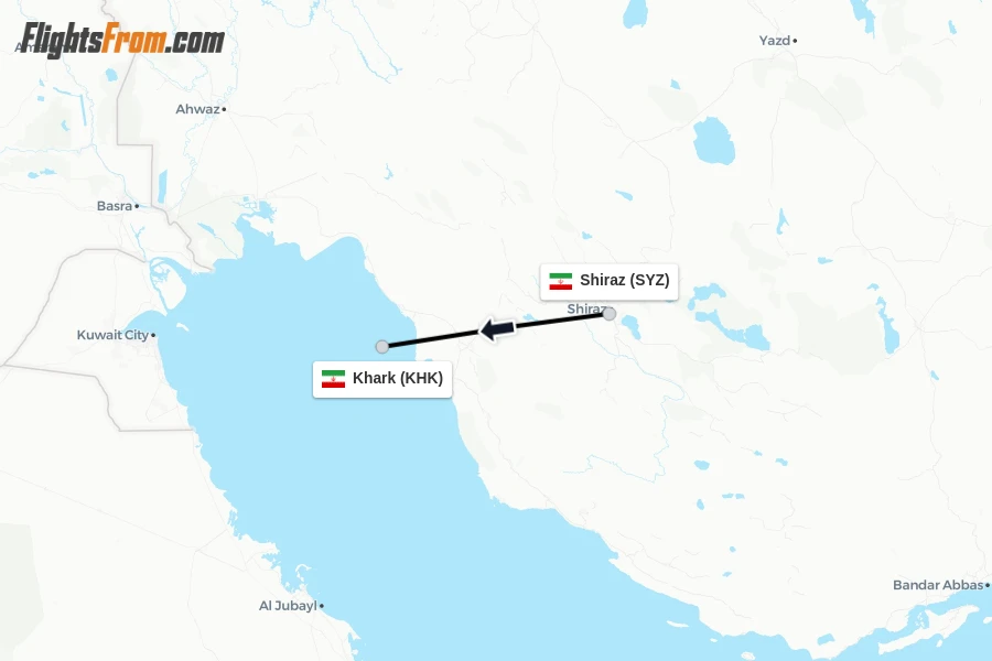 Flights from Shiraz to Khark route map