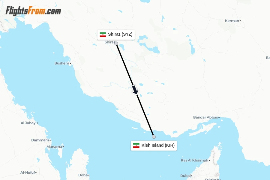 Flights from Shiraz to Kish Island route map
