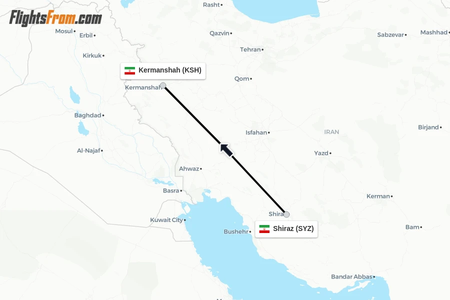 Flights from Shiraz to Kermanshah route map