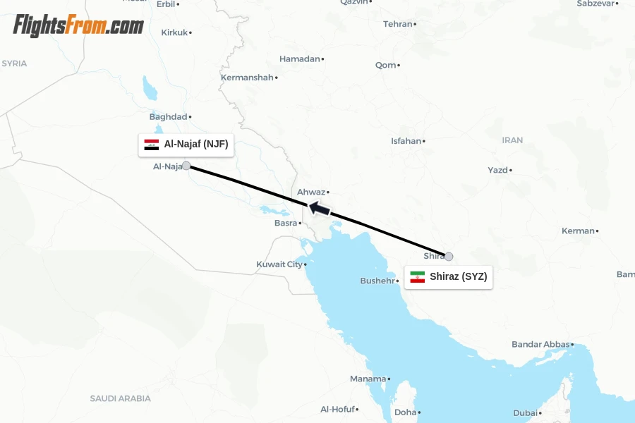 Flights from Shiraz to Al-Najaf route map