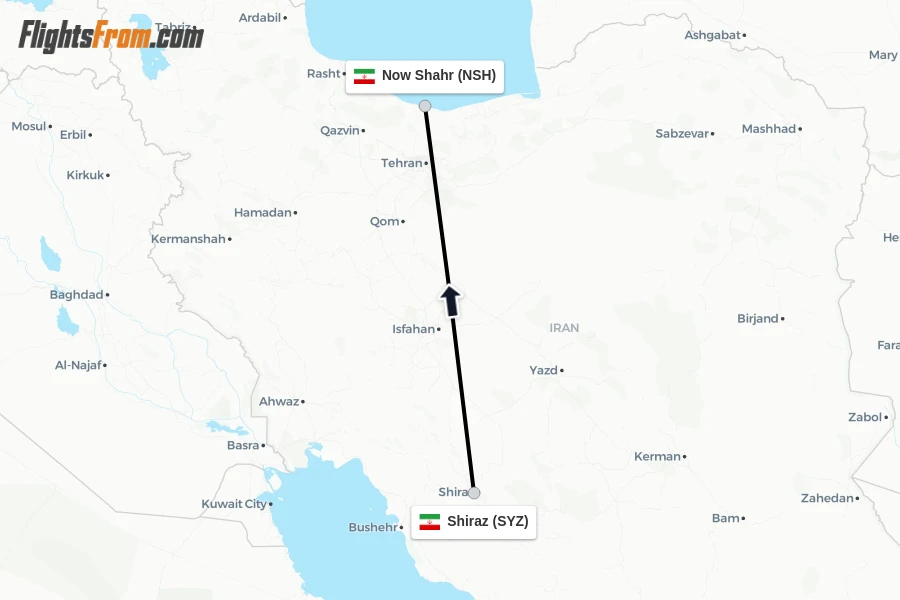 Flights from Shiraz to Now Shahr route map
