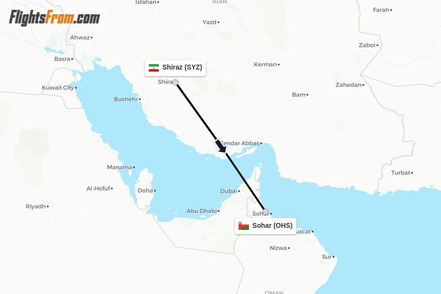 Flights from Shiraz to Sohar route map