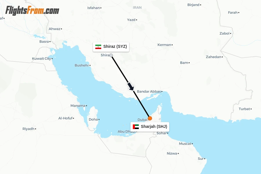 Flights from Shiraz to Sharjah route map