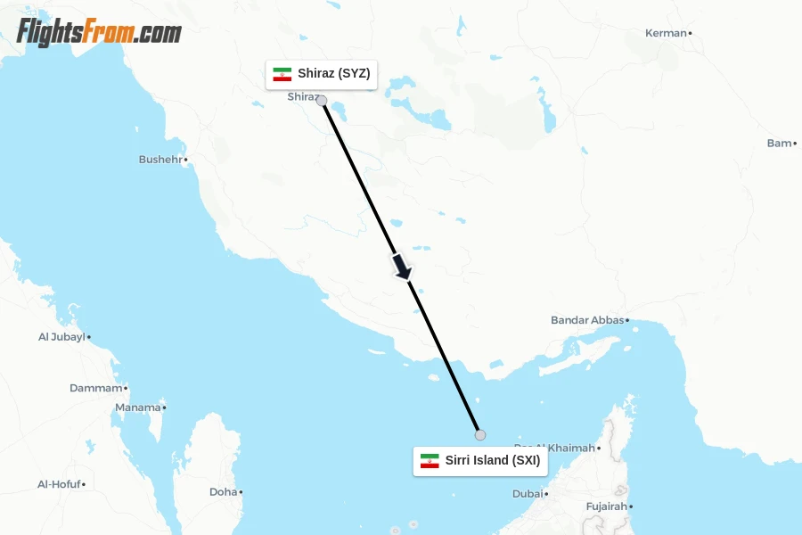 Flights from Shiraz to Sirri Island route map
