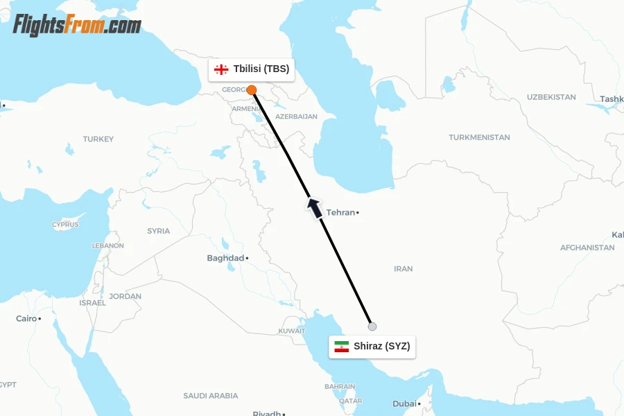 Flights from Shiraz to Tbilisi route map