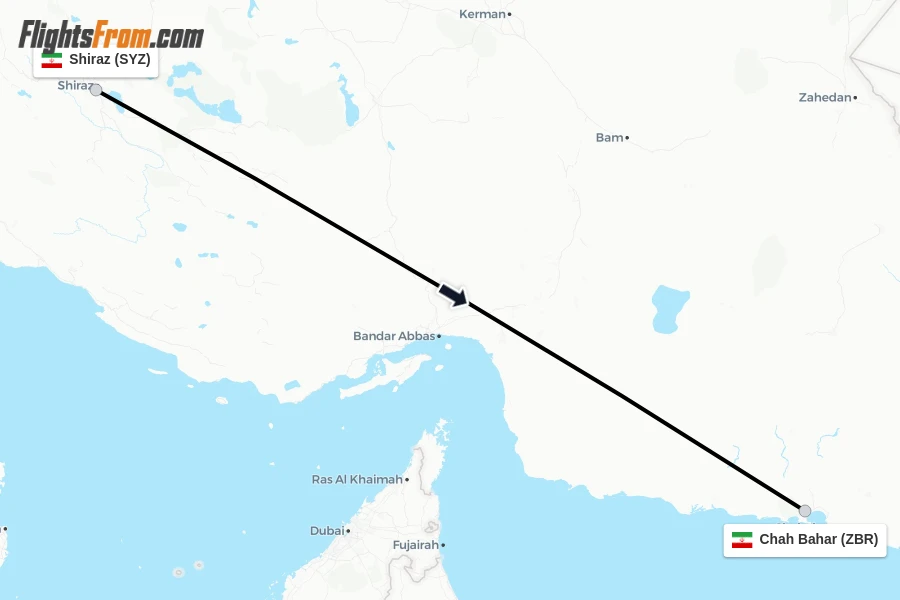 Flights from Shiraz to Chah Bahar route map