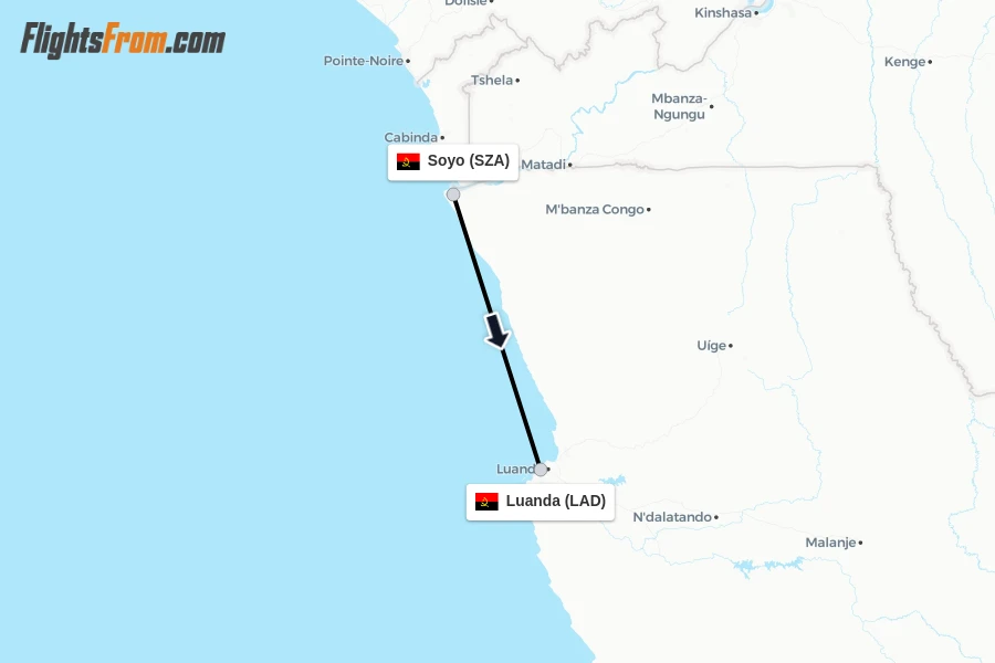 Flights from Soyo to Luanda route map