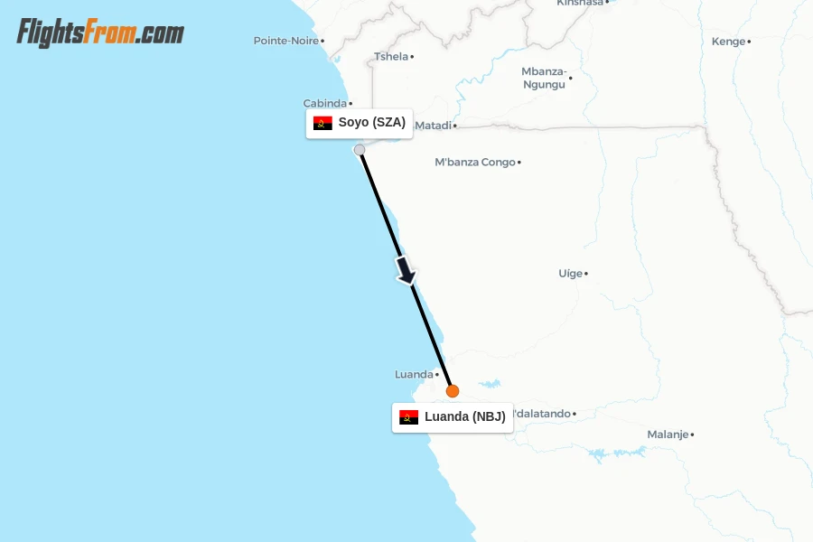 Flights from Soyo to Luanda route map