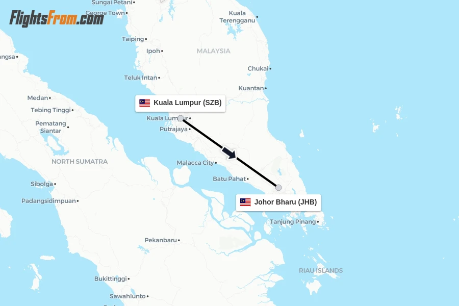 Flights from Kuala Lumpur to Johor Bharu route map