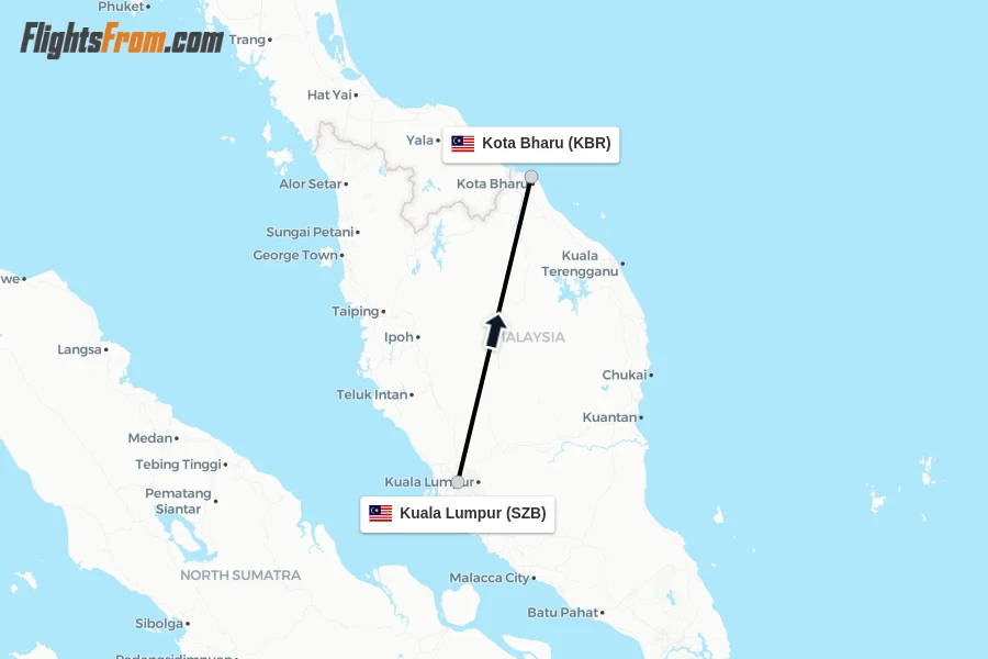 Flights from Kuala Lumpur to Kota Bharu route map
