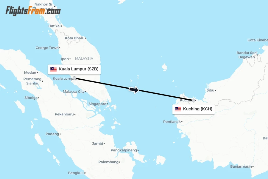 Flights from Kuala Lumpur to Kuching route map