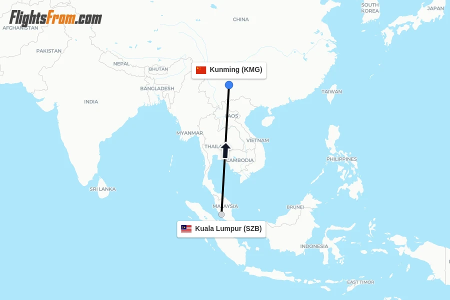 Flights from Kuala Lumpur to Kunming route map
