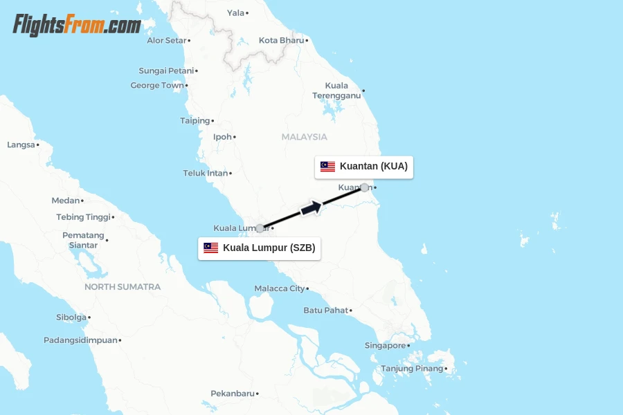 Flights from Kuala Lumpur to Kuantan route map