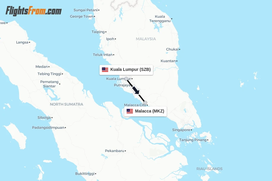 Flights from Kuala Lumpur to Malacca route map