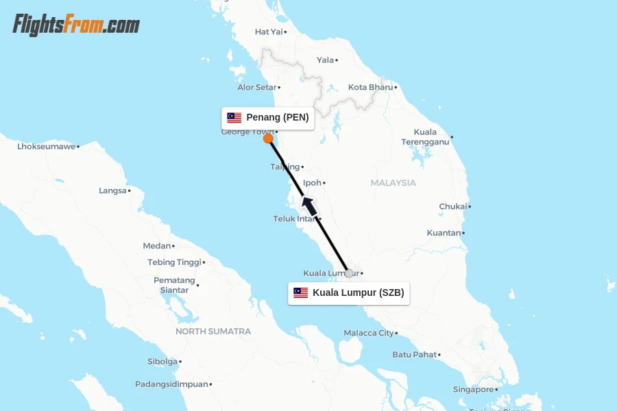 Flights from Kuala Lumpur to Penang route map