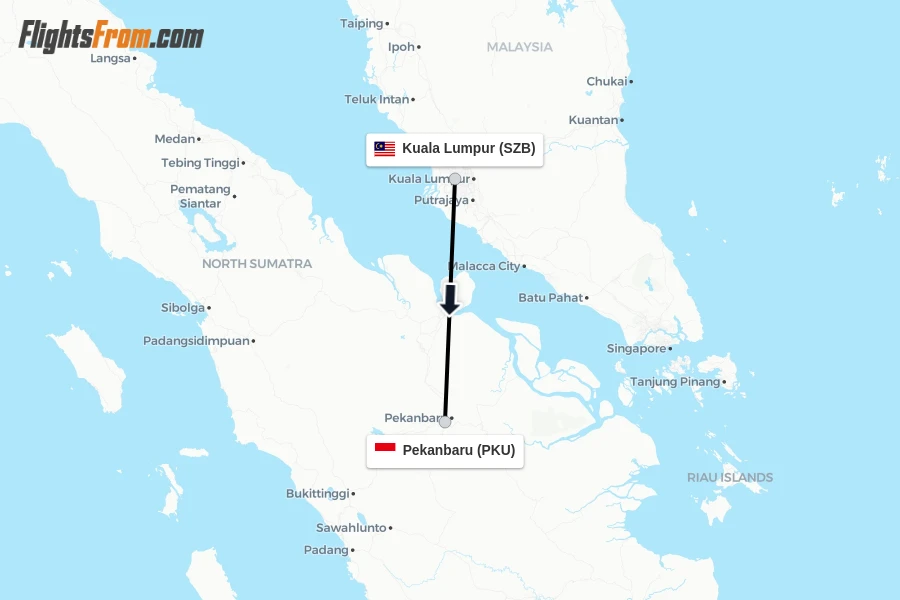 Flights from Kuala Lumpur to Pekanbaru route map