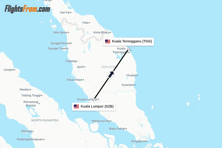 Flights from Kuala Lumpur to Kuala Terengganu route map