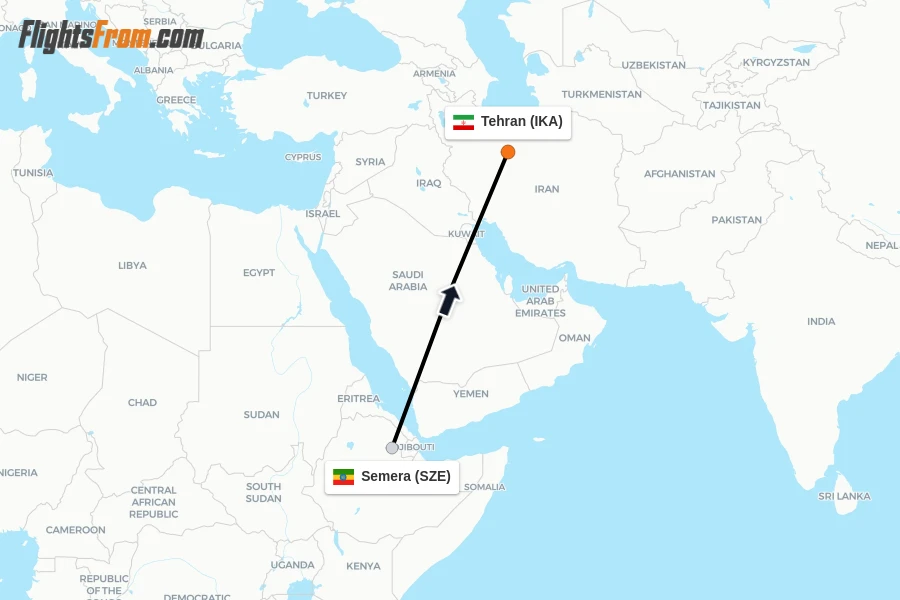 Flights from Semera to Tehran route map