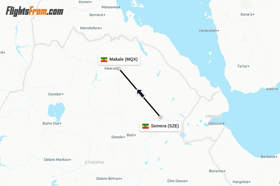 Flights from Semera to Makale route map